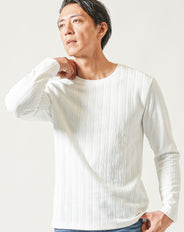 膨れヘリンボーン長袖ストレッチクルーネックTシャツ