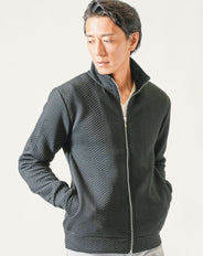 膨れヘリンボーンスタンドカラー長袖ジップアップブルゾンジャケット