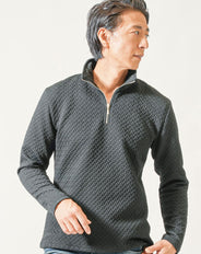 キルティングバスケット編み長袖ハーフジップスタンドカラーポロシャツ