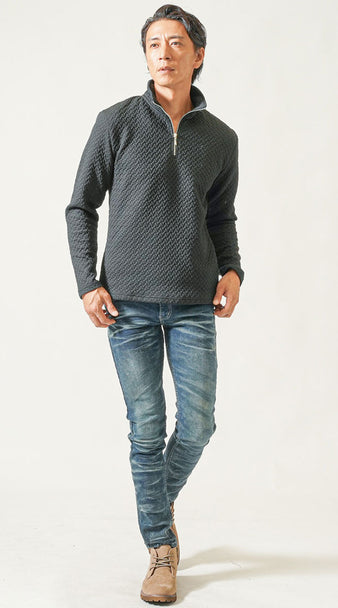 30代メンズの秋におすすめのハーフジップニット×デニムコーデ