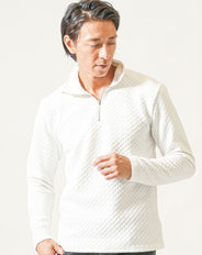 キルティングバスケット編み長袖ハーフジップスタンドカラーポロシャツ