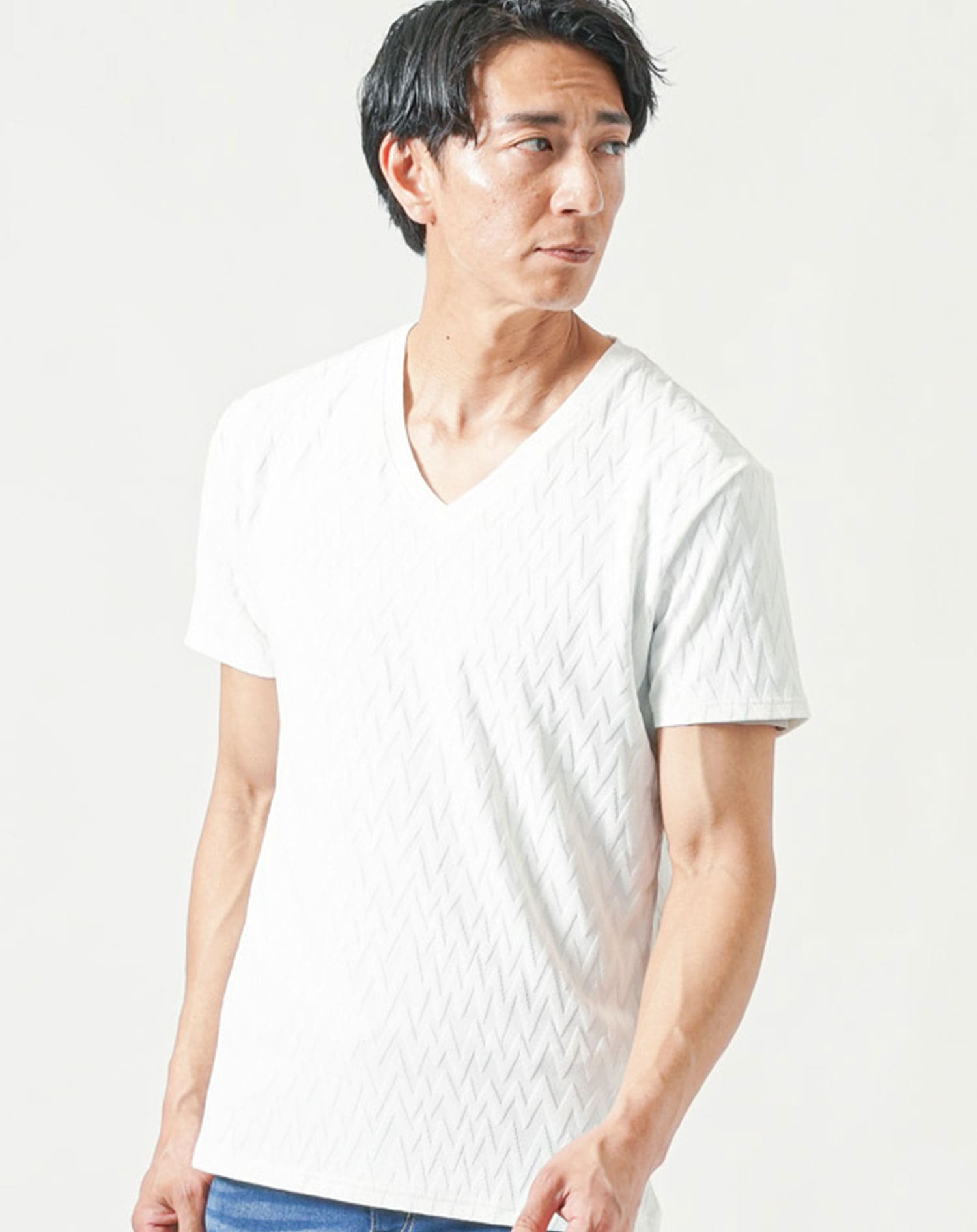 イケオジ見え高級感シェブロン柄細身半袖VネックTシャツ メンズ
