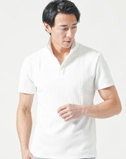 ロープジャガード襟ワイヤー入りイタリアンスタンドカラースキッパー半袖ポロシャツ