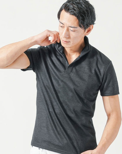 うっすら柄ストライプ入りスキッパー半袖ポロシャツ