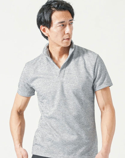 うっすら柄ストライプ入りスキッパー半袖ポロシャツ