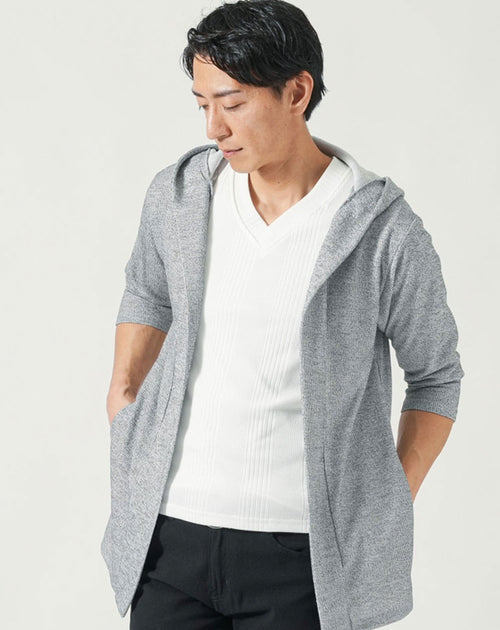 スモールジャガード7分袖ロングフーディガン