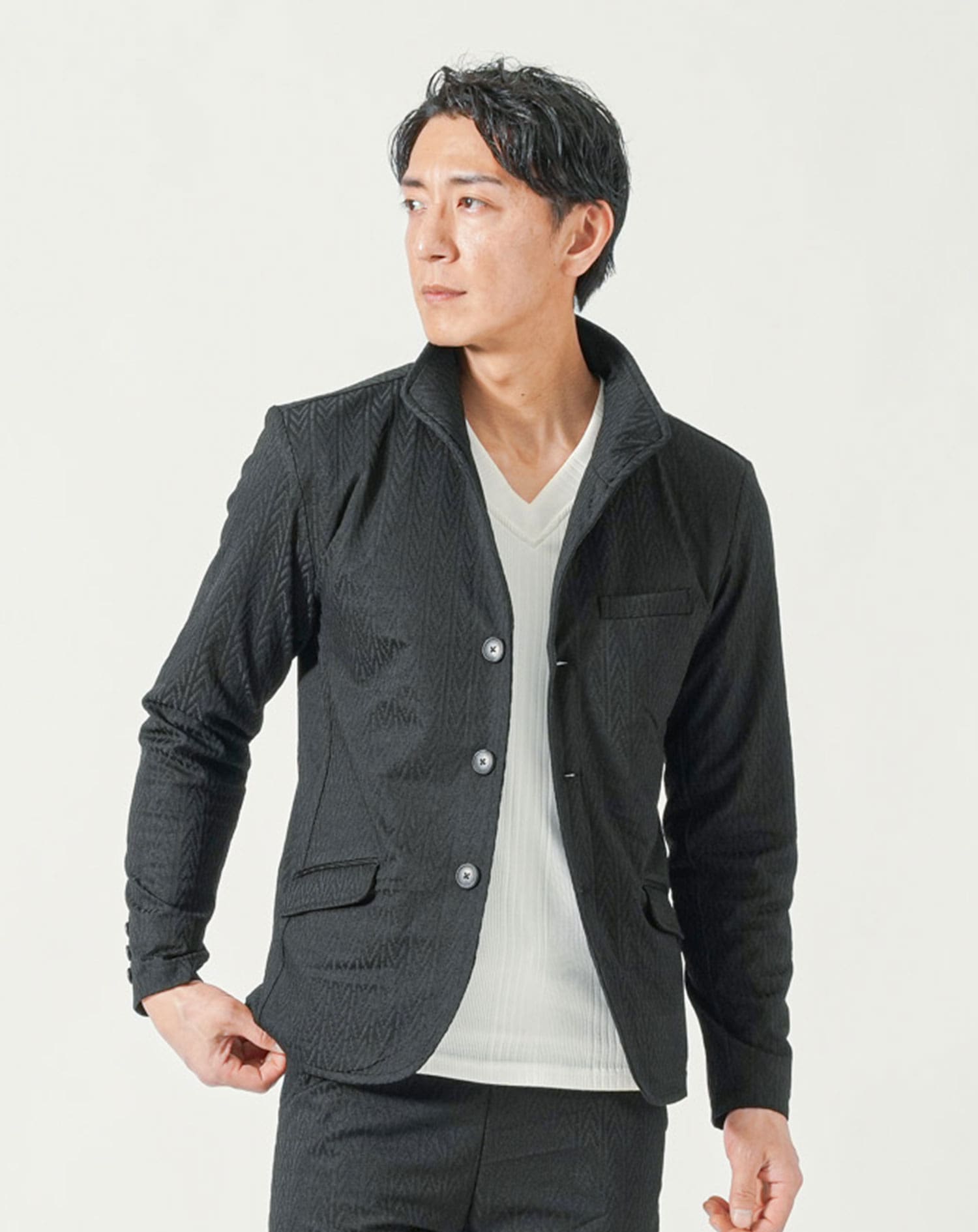 セットアップ ヘリンボーンスタンドカラージャケット×イージー セットアップ ヘリンボーンスタンドカラージャケット×イージー