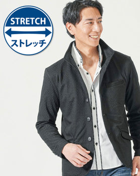 襟ワイヤー入りヘリンボーン柄イタリアンスタンドカラー長袖ジャケット