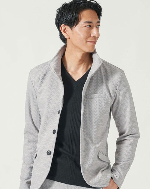 30代メンズの秋服におすすめの襟ワイヤー入りヘリンボーン柄イタリアンスタンドカラー長袖ジャケット