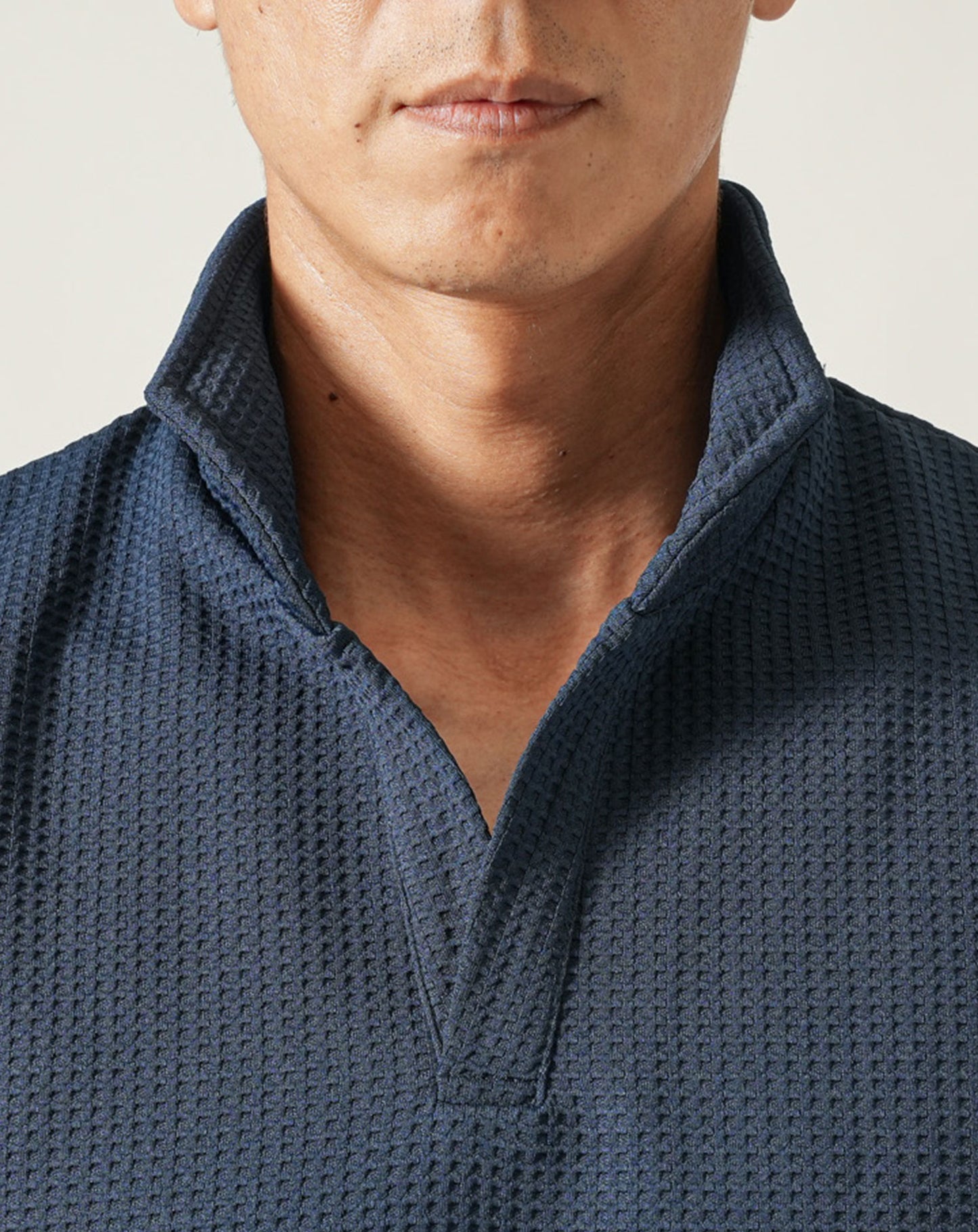 膨れワッフルワイヤー入りイタリアンスタンドカラー半袖ポロシャツ