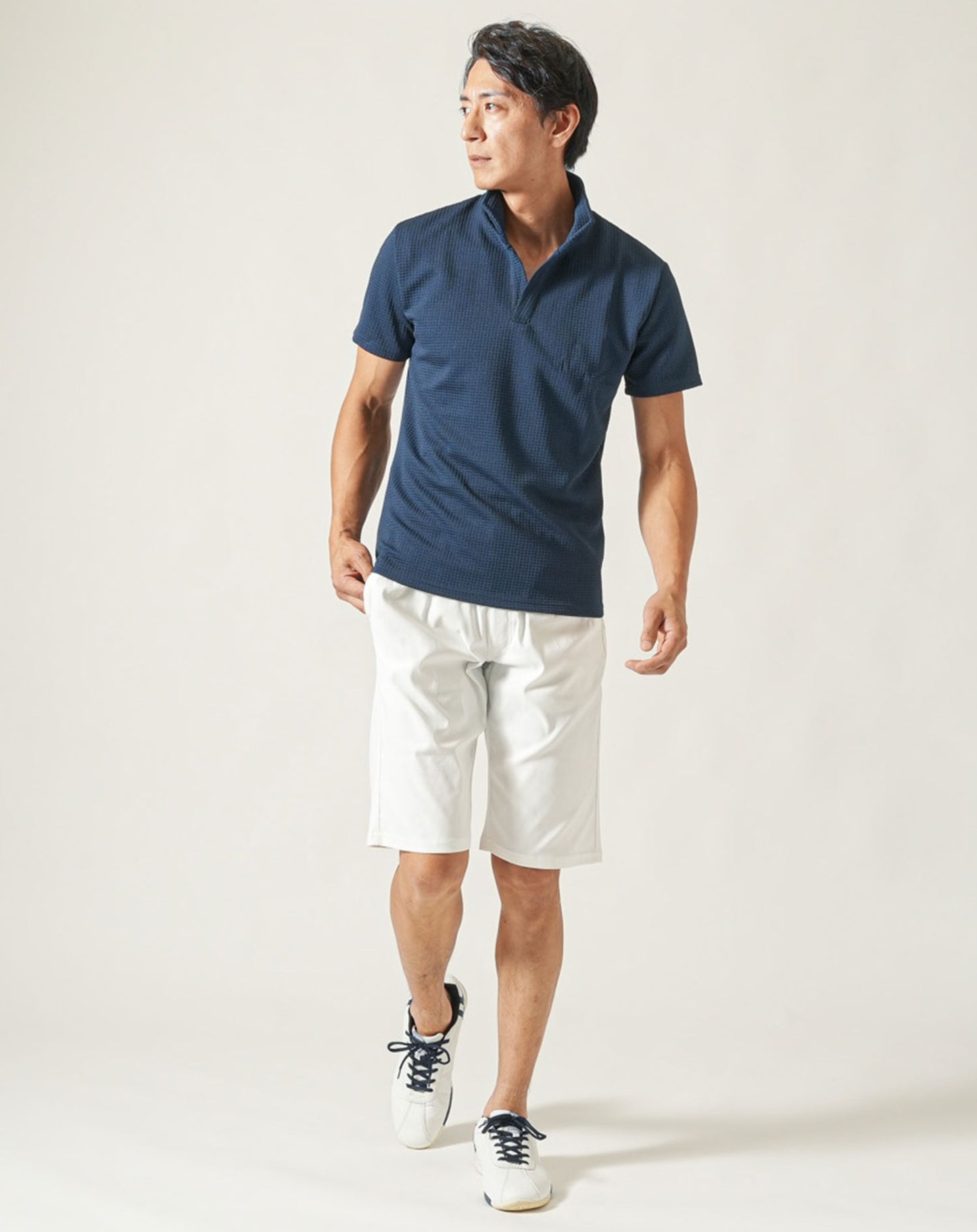 膨れワッフルワイヤー入りイタリアンスタンドカラー半袖ポロシャツ