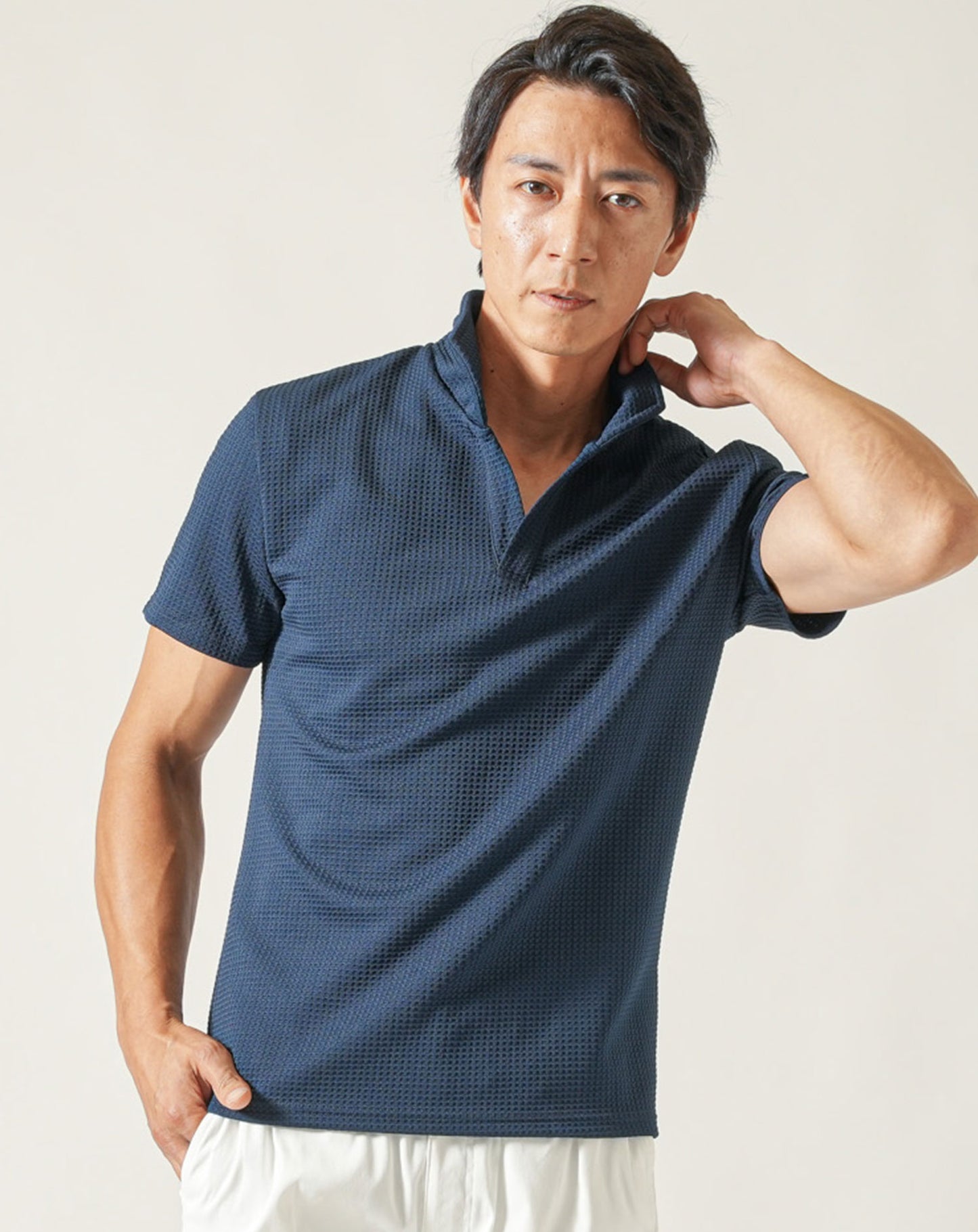 膨れワッフルワイヤー入りイタリアンスタンドカラー半袖ポロシャツ