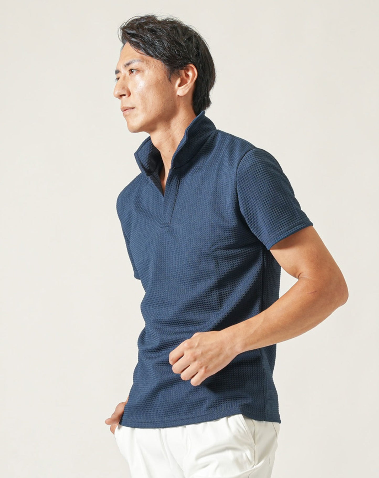 膨れワッフルワイヤー入りイタリアンスタンドカラー半袖ポロシャツ