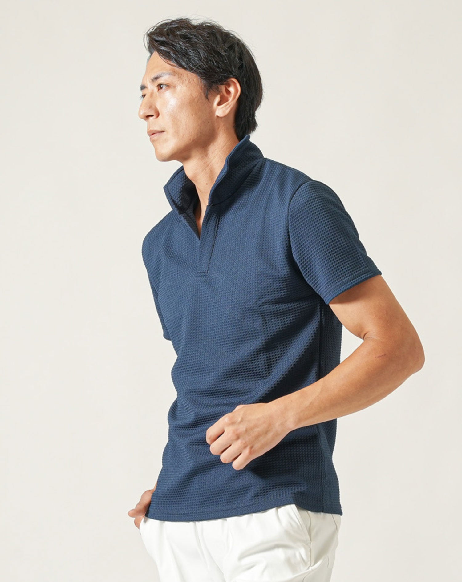 膨れワッフルワイヤー入りイタリアンスタンドカラー半袖ポロシャツ