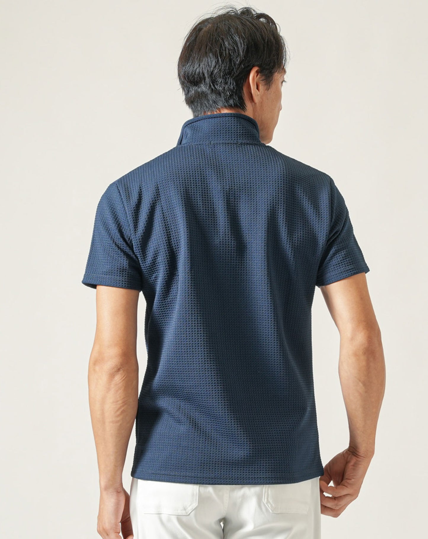 膨れワッフルワイヤー入りイタリアンスタンドカラー半袖ポロシャツ