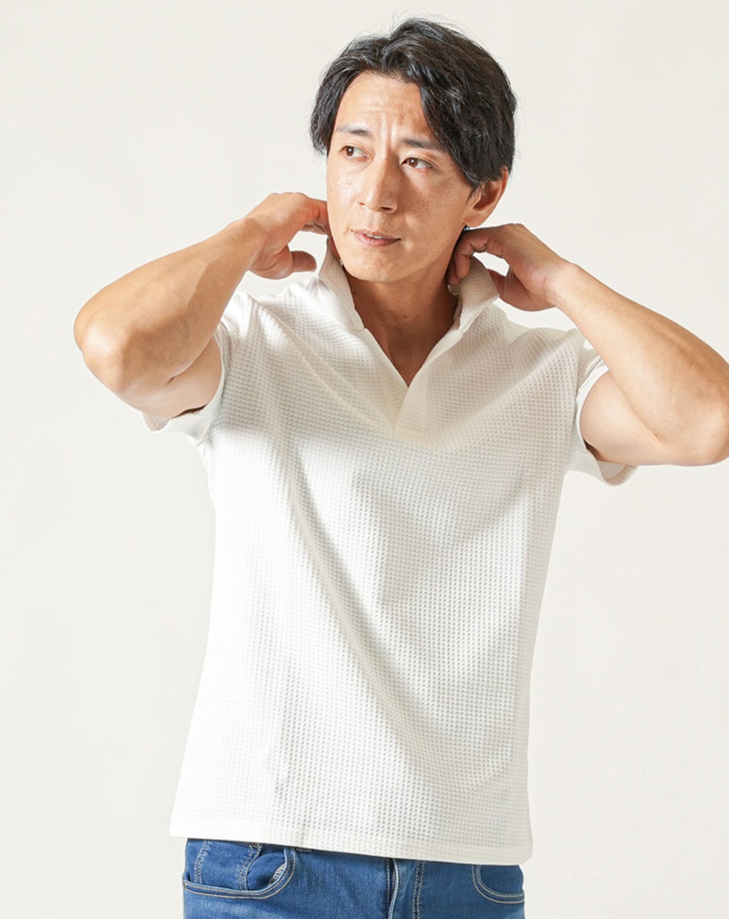 膨れワッフルワイヤー入りイタリアンスタンドカラー半袖ポロシャツ