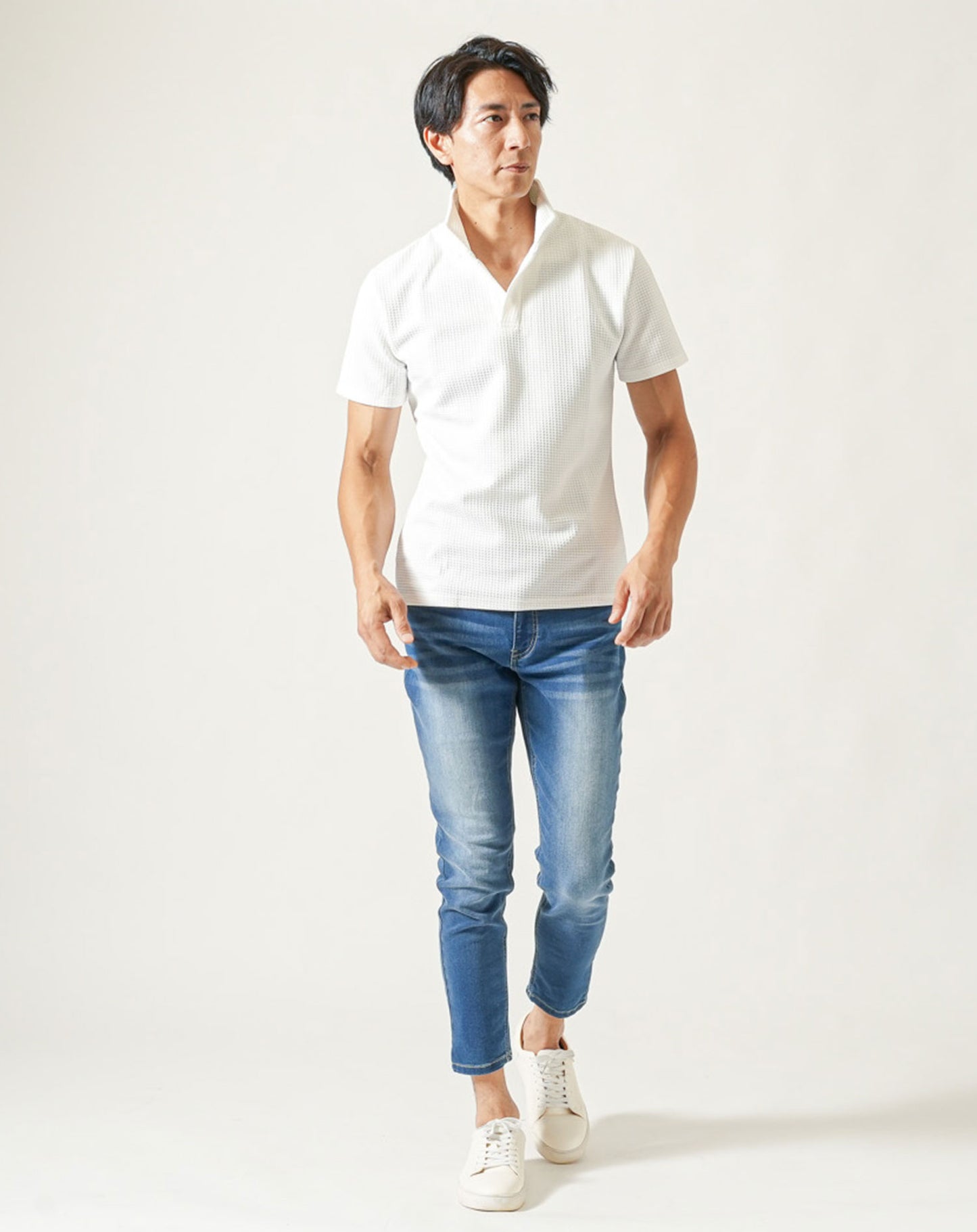 膨れワッフルワイヤー入りイタリアンスタンドカラー半袖ポロシャツ