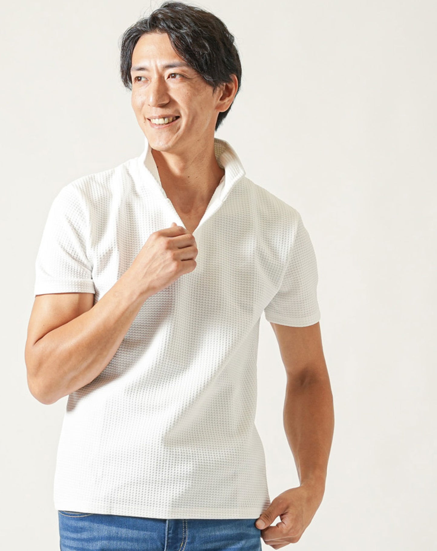 膨れワッフルワイヤー入りイタリアンスタンドカラー半袖ポロシャツ