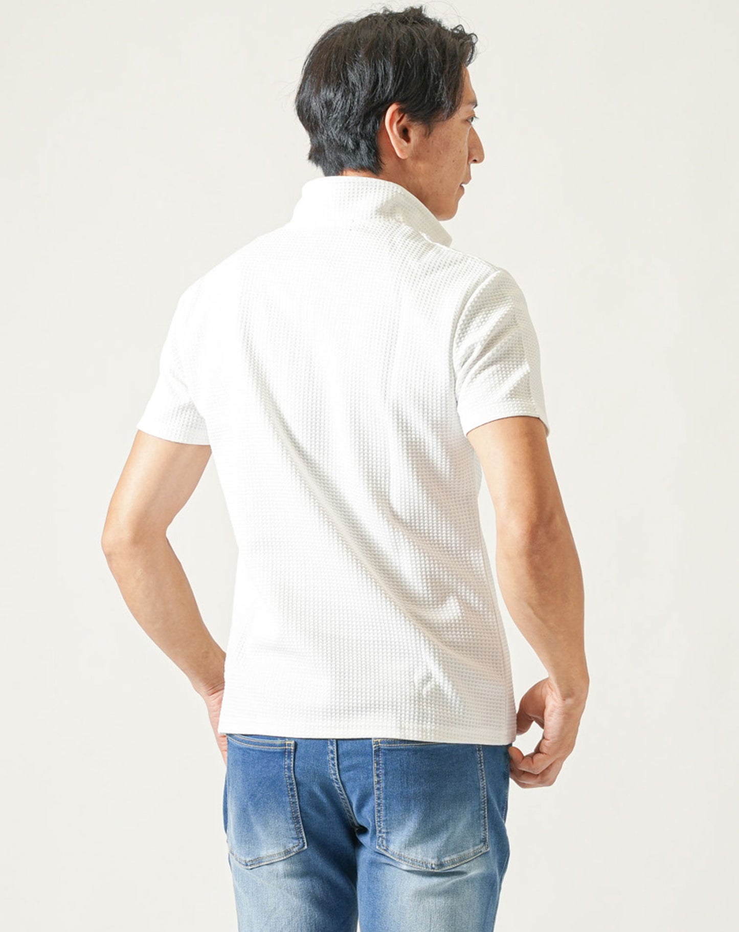 膨れワッフルワイヤー入りイタリアンスタンドカラー半袖ポロシャツ