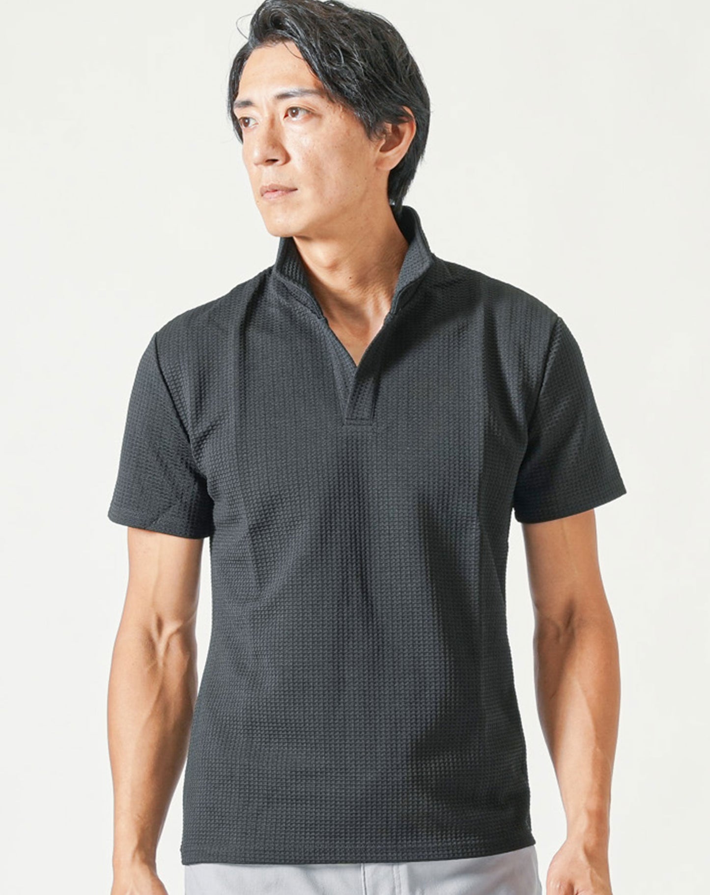 膨れワッフルワイヤー入りイタリアンスタンドカラー半袖ポロシャツ
