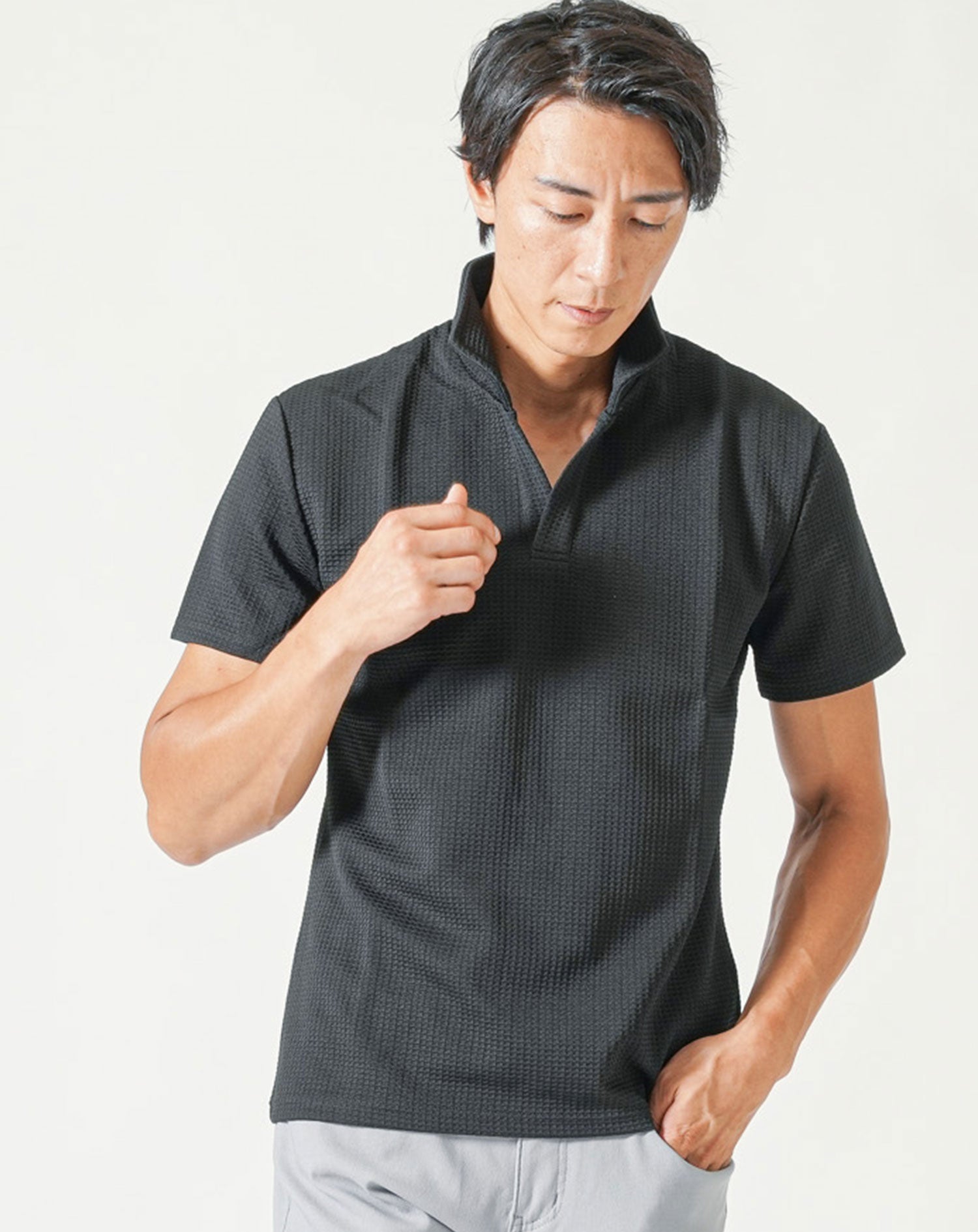 膨れワッフルワイヤー入りイタリアンスタンドカラー半袖ポロシャツ