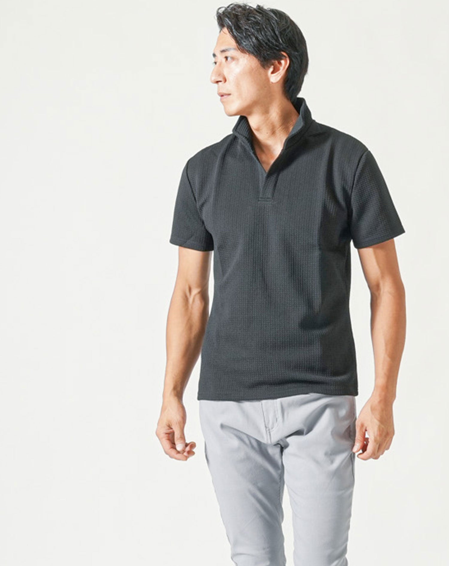 膨れワッフルワイヤー入りイタリアンスタンドカラー半袖ポロシャツ
