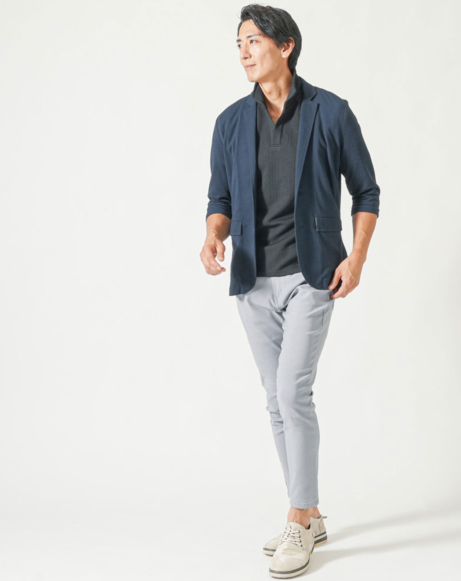 膨れワッフルワイヤー入りイタリアンスタンドカラー半袖ポロシャツ