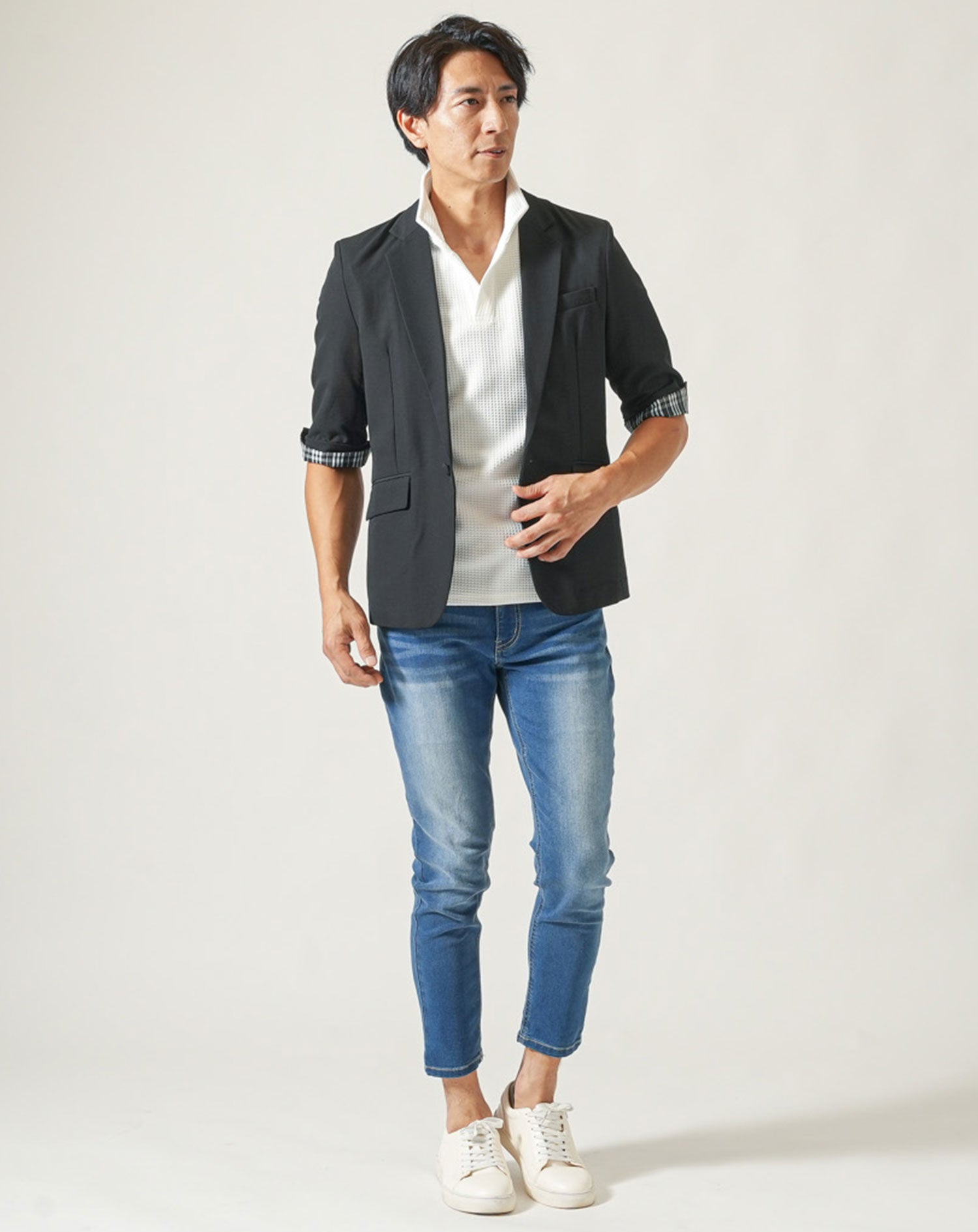 膨れワッフルワイヤー入りイタリアンスタンドカラー半袖ポロシャツ