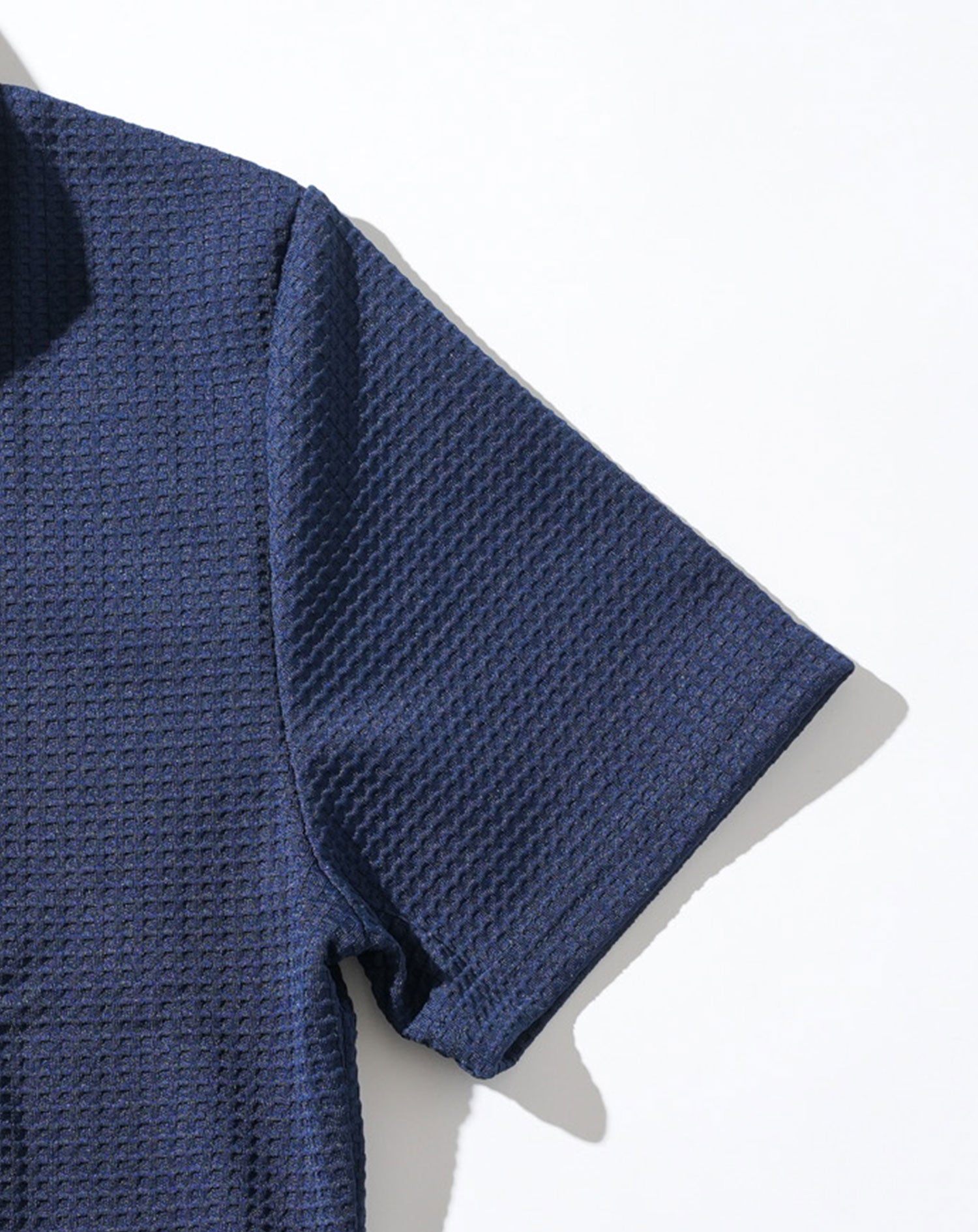 膨れワッフルワイヤー入りイタリアンスタンドカラー半袖ポロシャツ