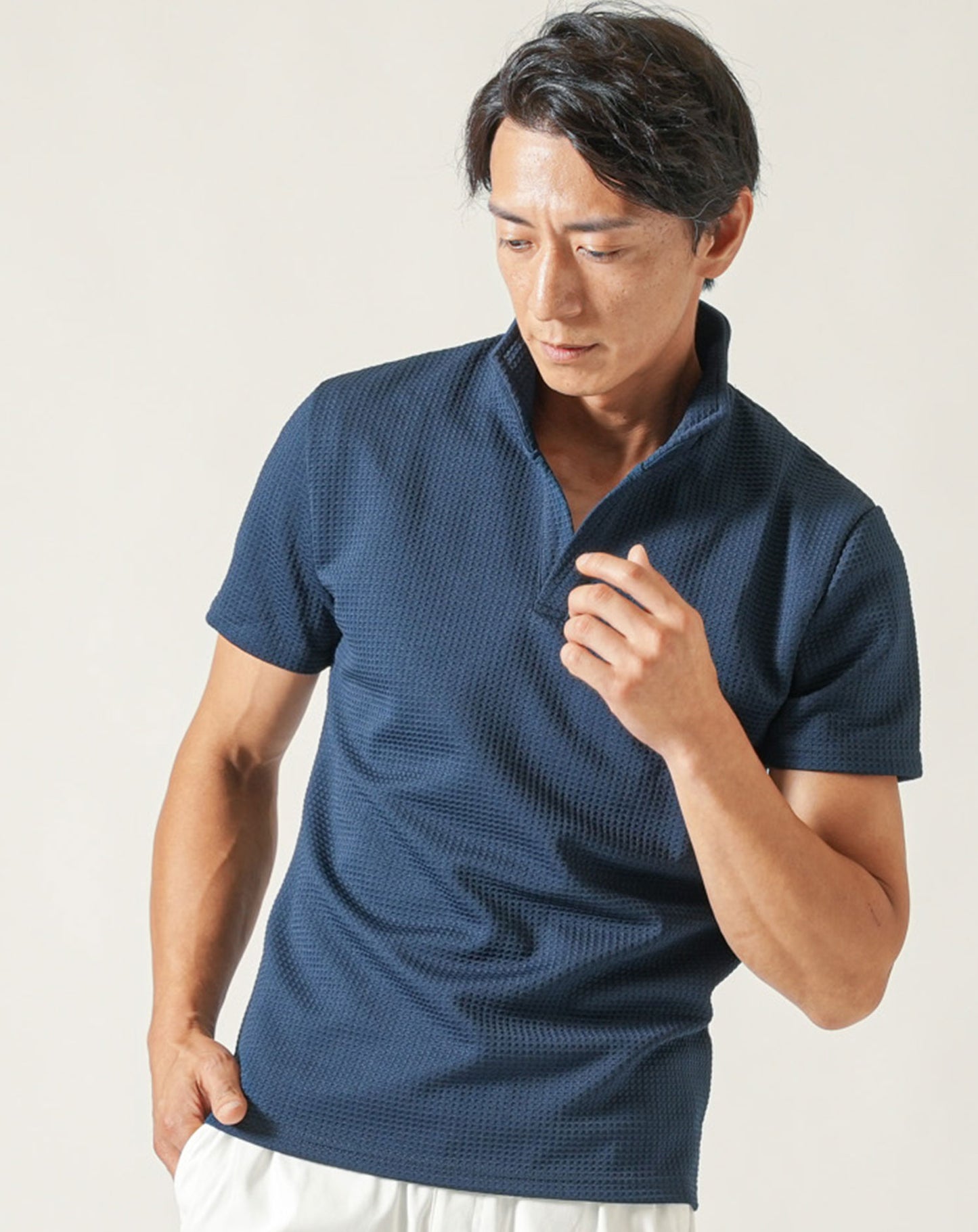 膨れワッフルワイヤー入りイタリアンスタンドカラー半袖ポロシャツ