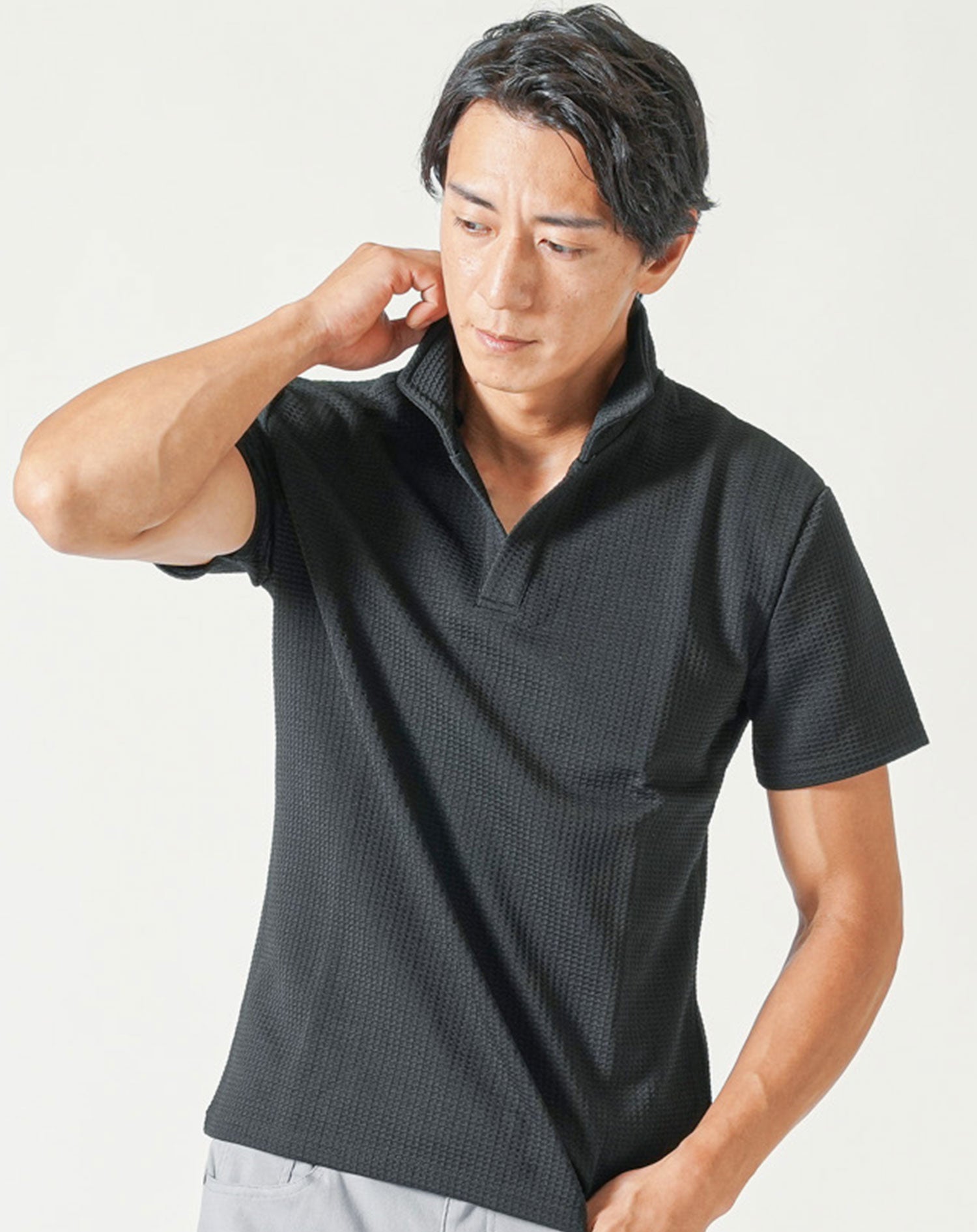 膨れワッフルワイヤー入りイタリアンスタンドカラー半袖ポロシャツ