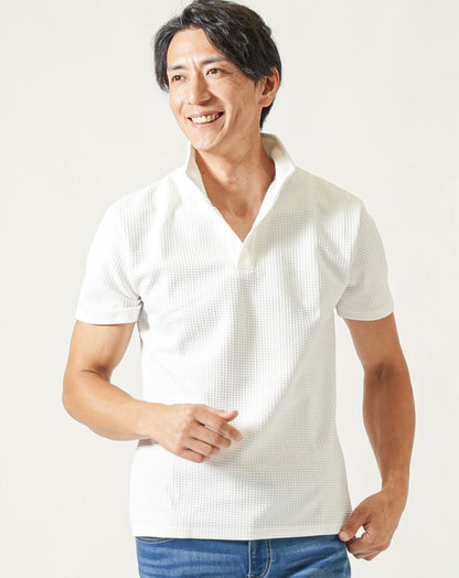 膨れワッフルワイヤー入りイタリアンスタンドカラー半袖ポロシャツ