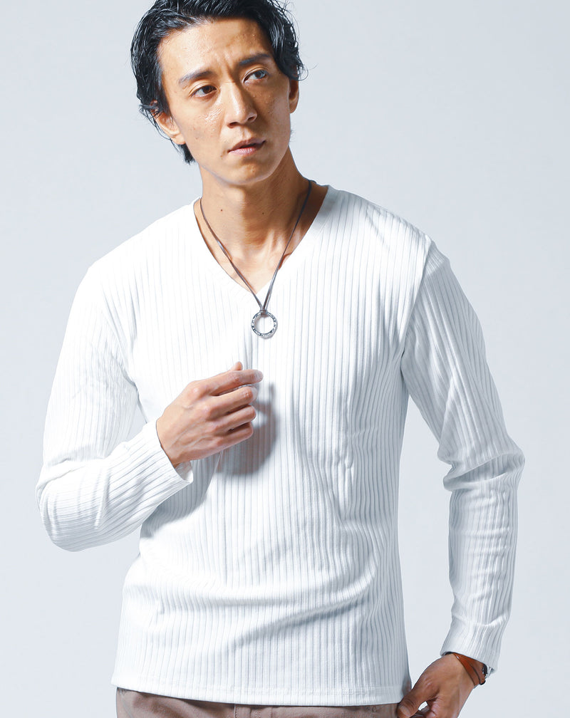 ストライプテレコ素材長袖VネックTシャツ
