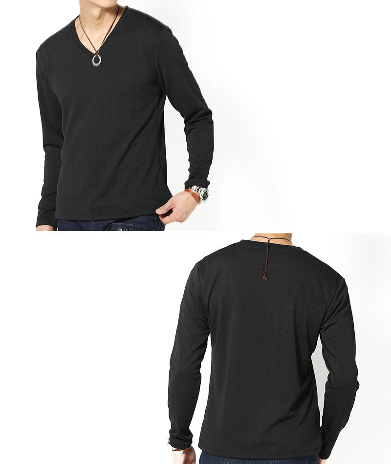 ヘリンボーンデザイン長袖ⅤネックＴシャツ