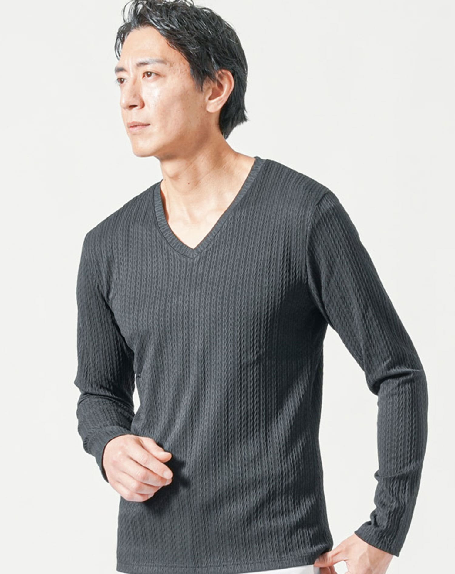 ストライプヘリンボーン長袖ストレッチVネックTシャツ Tシャツ