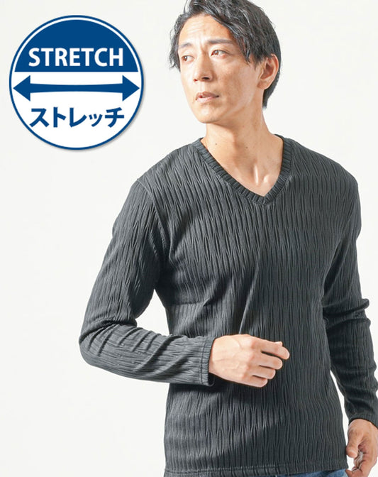 膨れウェーブ柄長袖ストレッチVネックTシャツ