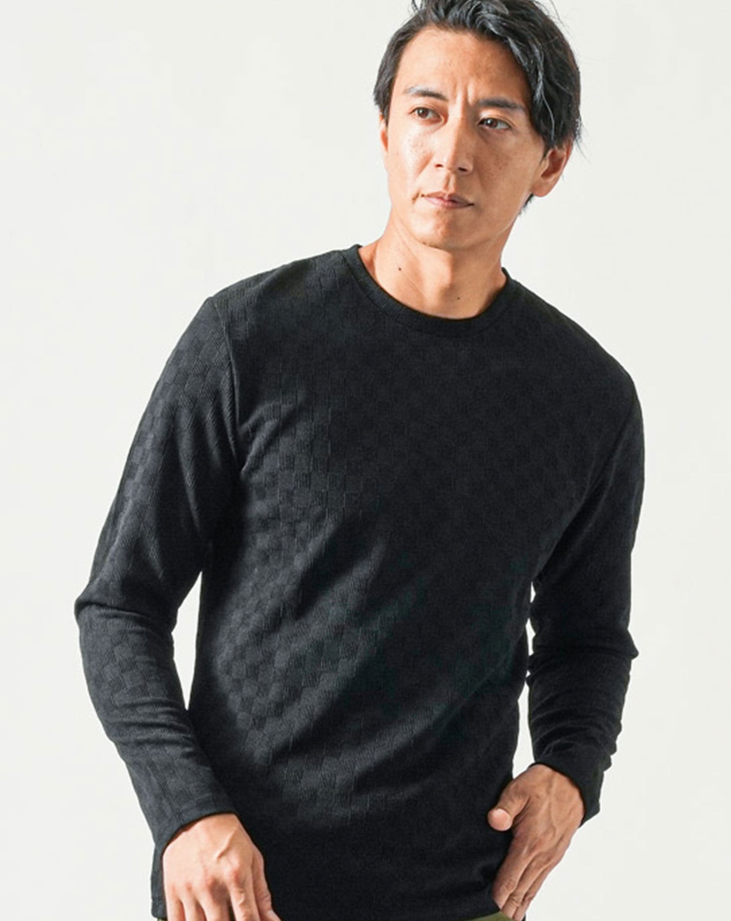 ブロックチェックジャガード長袖クルーネックTシャツ Tシャツ カットソー メンズ 長袖 uネック おしゃれ ブランド 人気 おすすめ 無地 コーデ 40代 50代 スリム 細身 ちょいワル イケオジ ちょい悪オヤジ ストレッチ