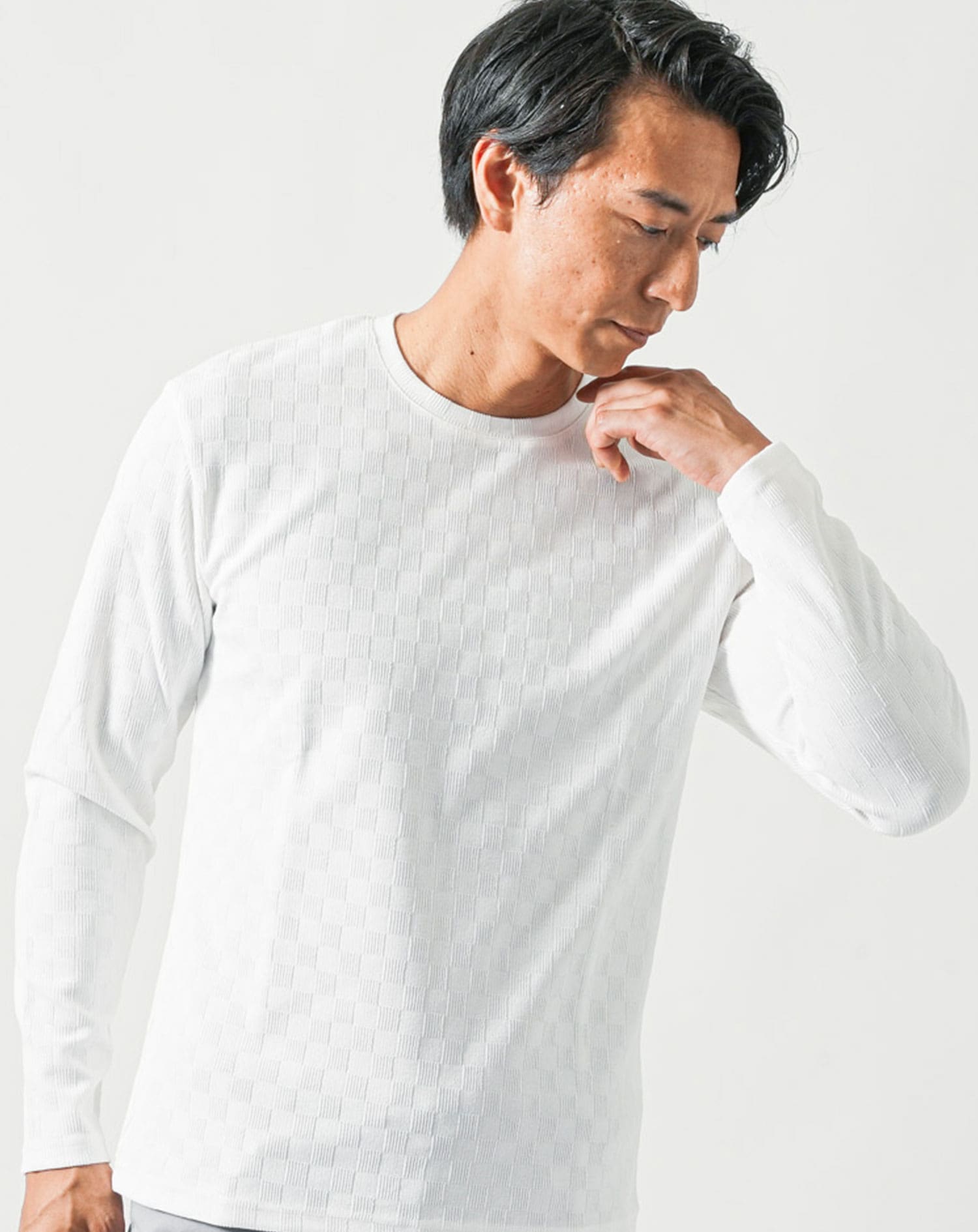 ブロックチェックジャガード長袖クルーネックTシャツ Tシャツ カットソー メンズ 長袖 uネック おしゃれ ブランド 人気 おすすめ 無地 コーデ 40代 50代 スリム 細身 ちょいワル イケオジ ちょい悪オヤジ ストレッチ