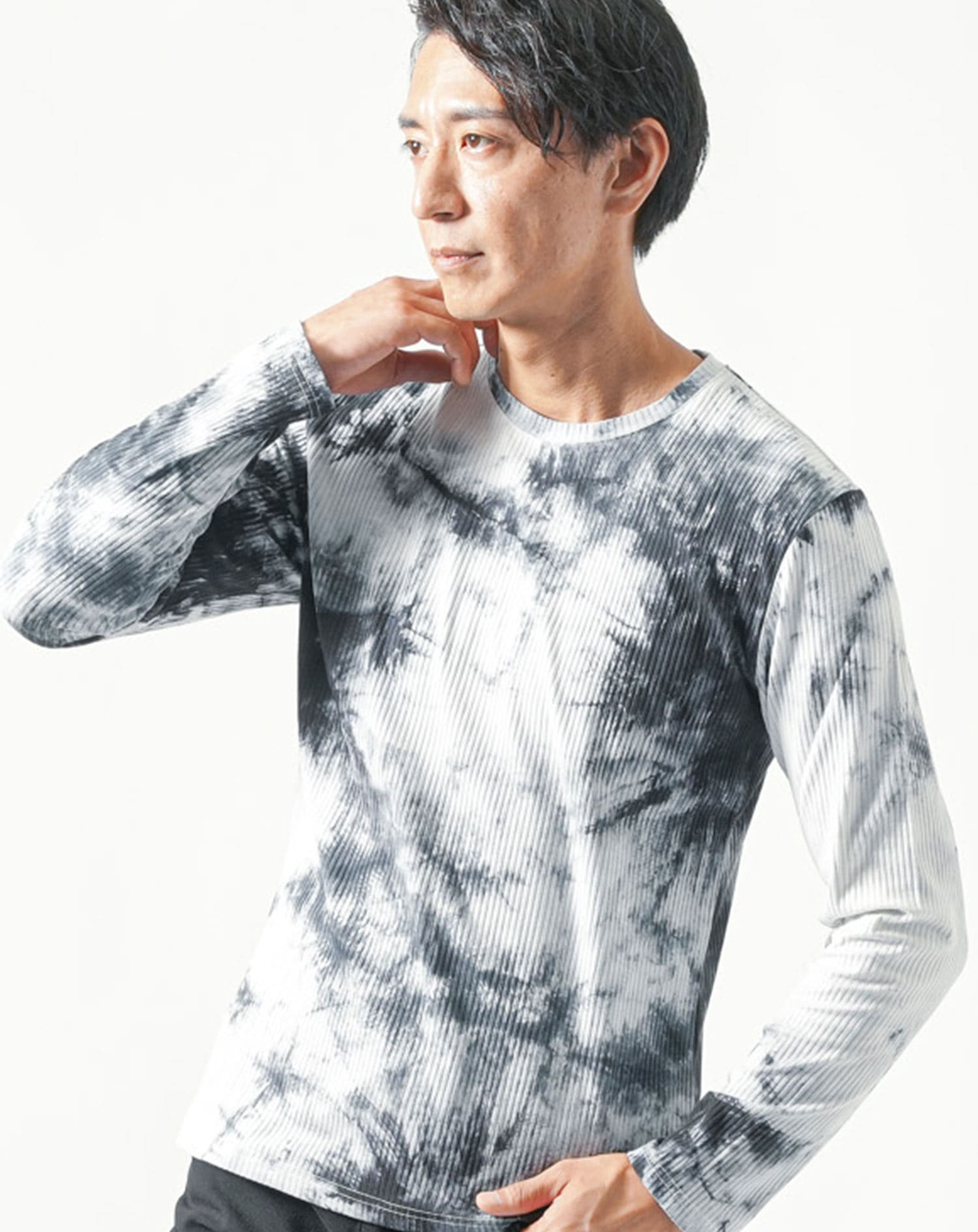 ムラ染めテレコ長袖ストレッチクルーネックTシャツ Tシャツ カットソー