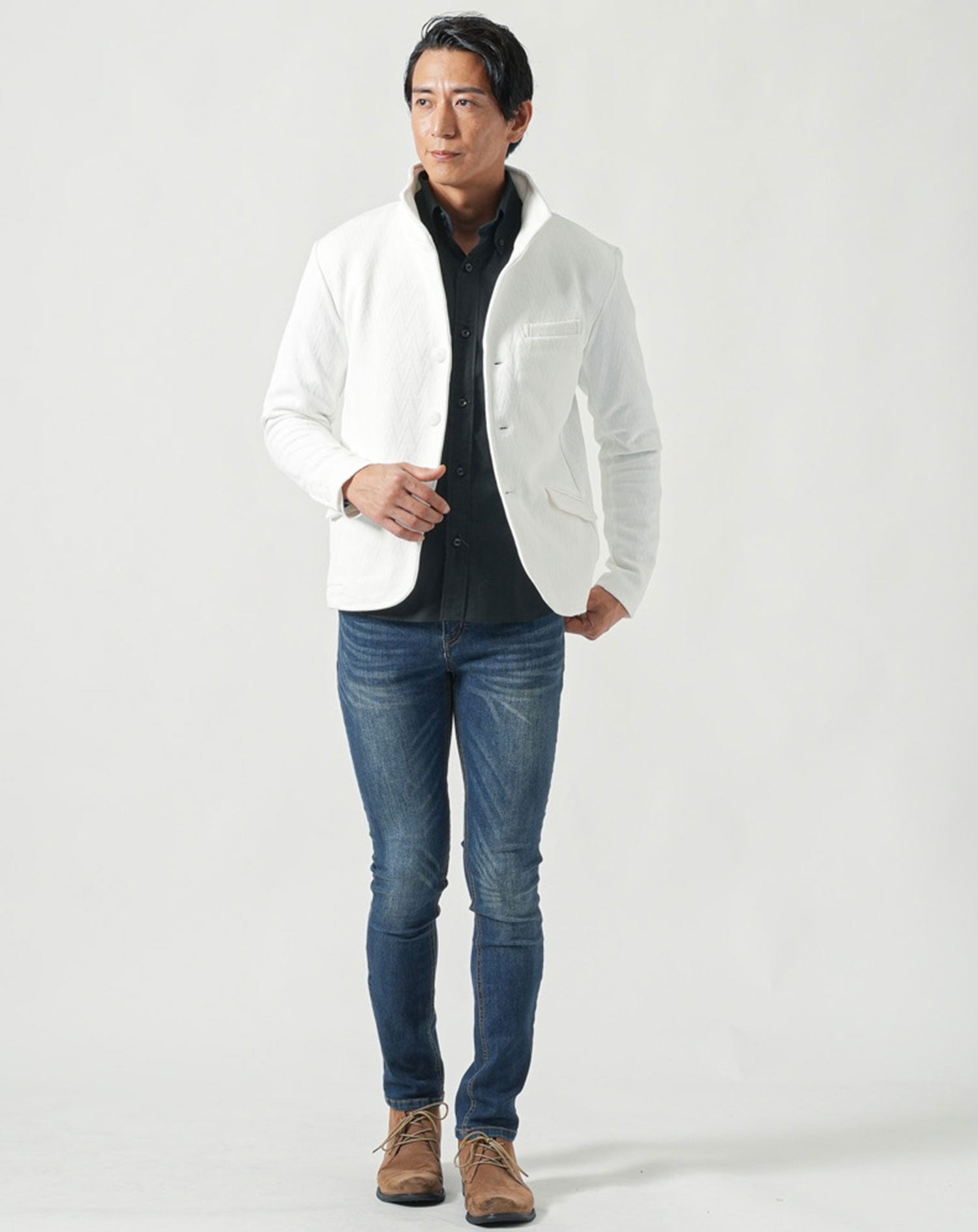 襟ワイヤー入り立ち襟スリムイタリアンカラージャケット