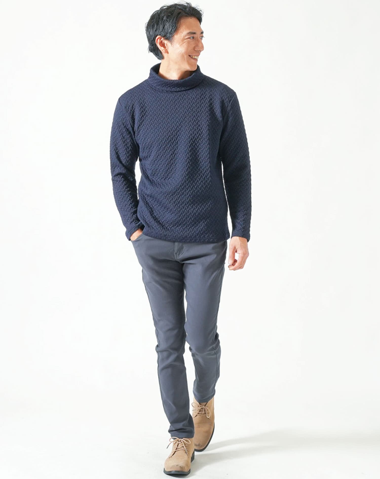 キルティングバスケット編み長袖タートルネックTシャツ