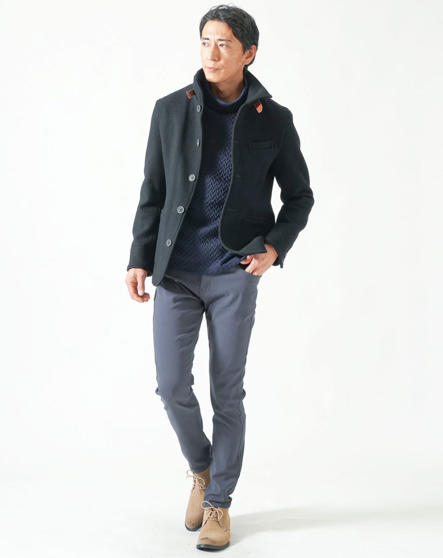 キルティングバスケット編み長袖タートルネックTシャツ