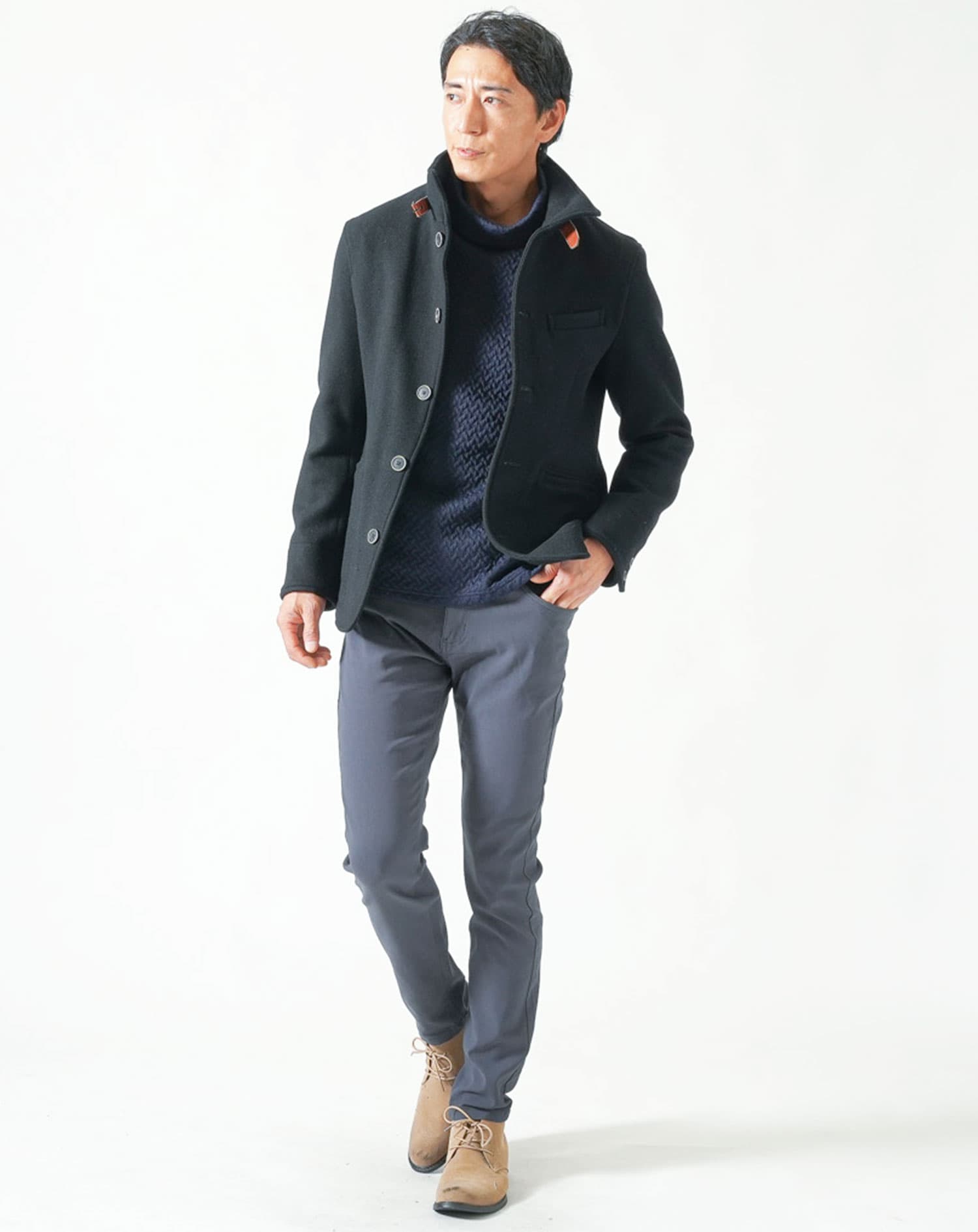 キルティングバスケット編み長袖タートルネックTシャツ