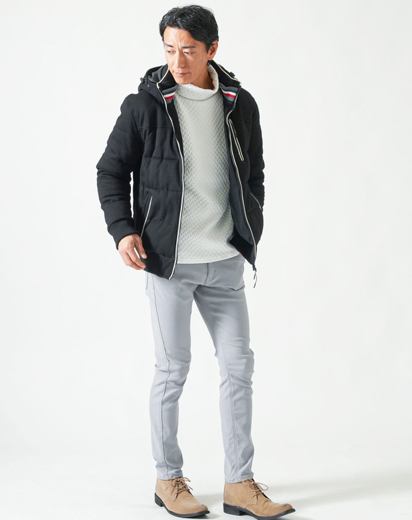 キルティングバスケット編み長袖タートルネックTシャツ