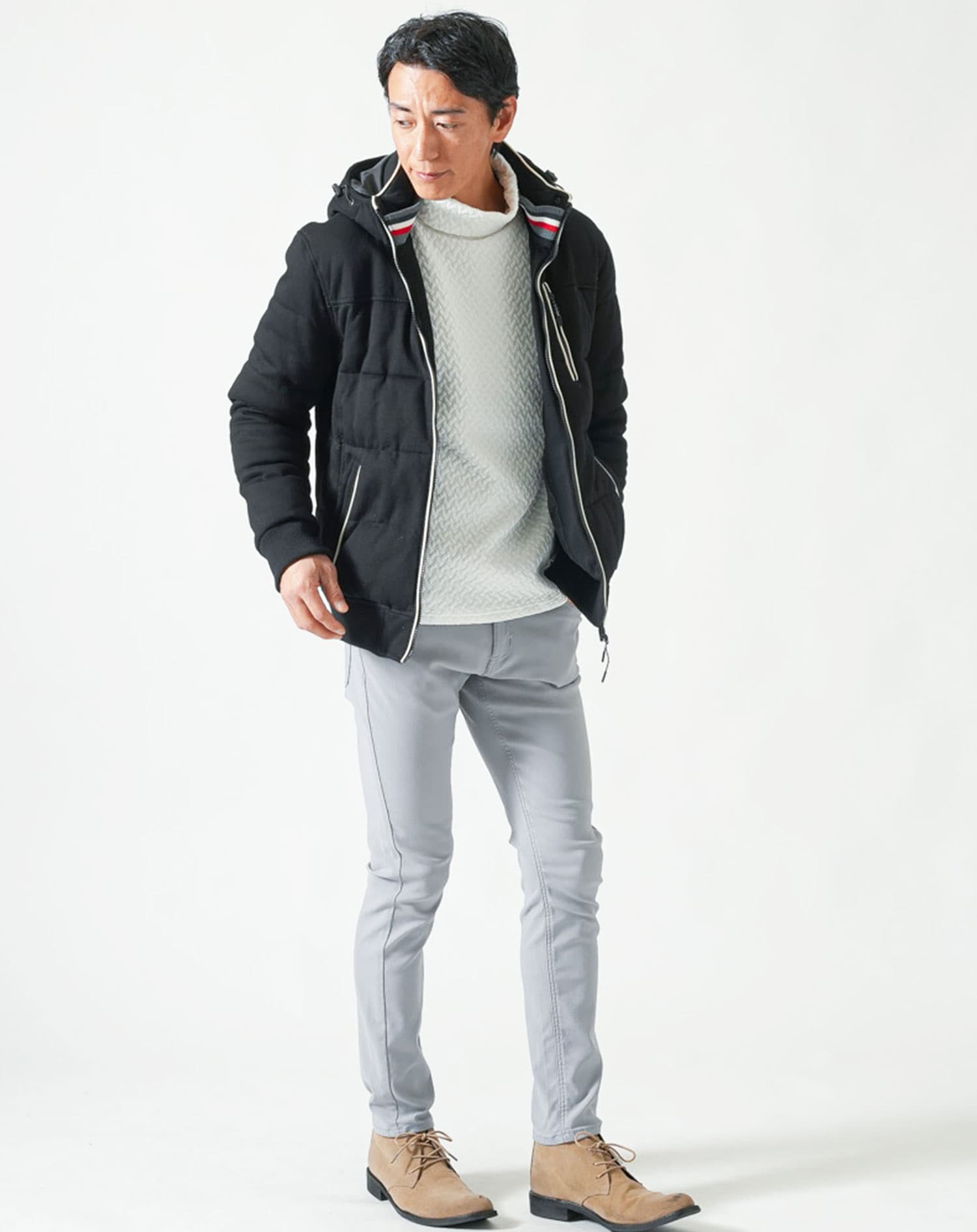 キルティングバスケット編み長袖タートルネックTシャツ