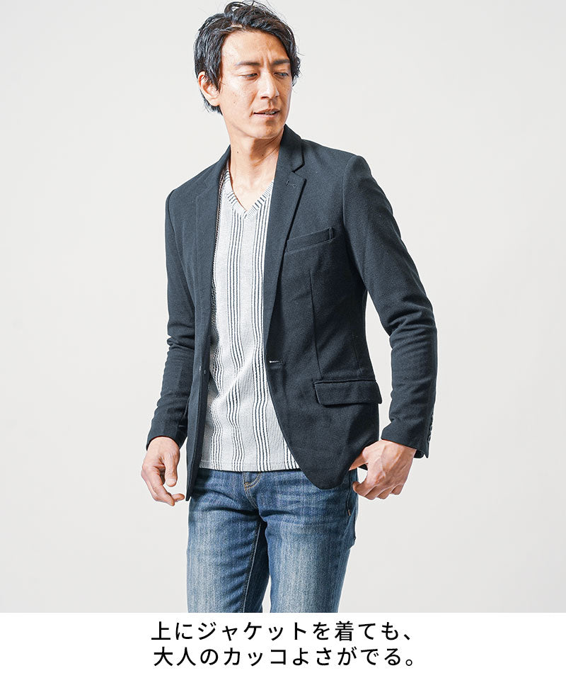 膨れストライプ長袖ストレッチVネックTシャツ