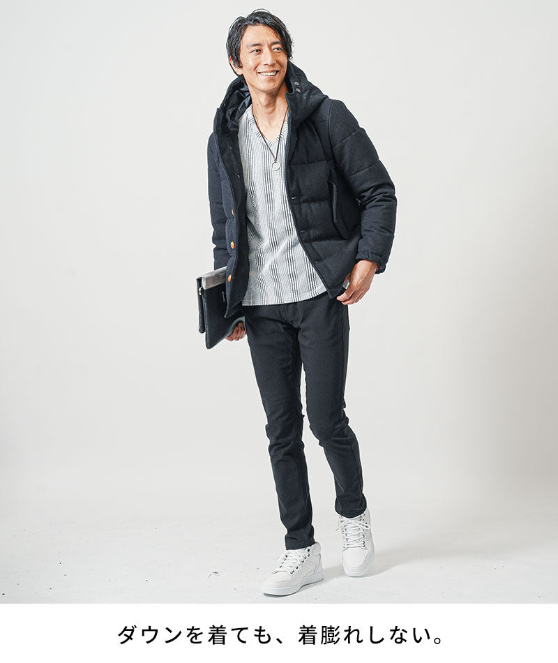 膨れストライプ長袖ストレッチVネックTシャツ