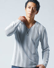 膨れストライプ長袖ストレッチVネックTシャツ - メンズファッション通販 MENZ-STYLE(メンズスタイル）