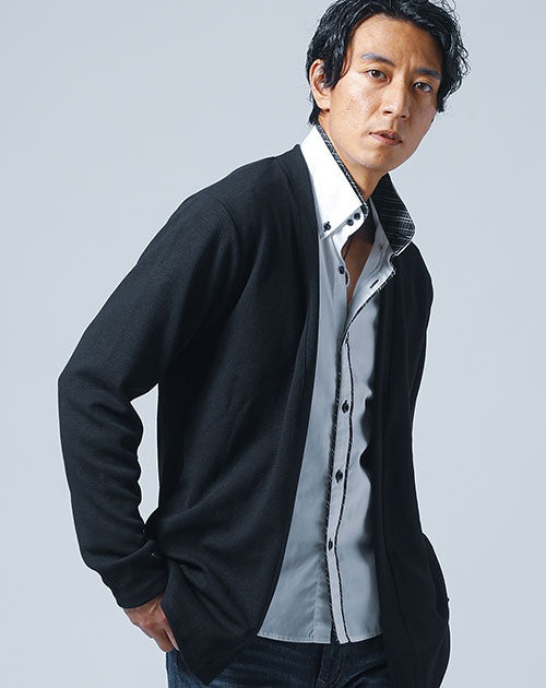 メンズの秋服におすすめの膨れジャガードデザインボタンレスセミロングカーディガン