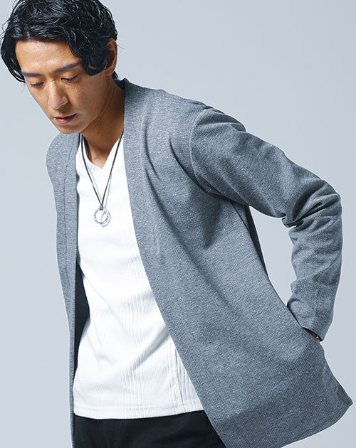 膨れジャガードデザインボタンレスセミロングカーディガン